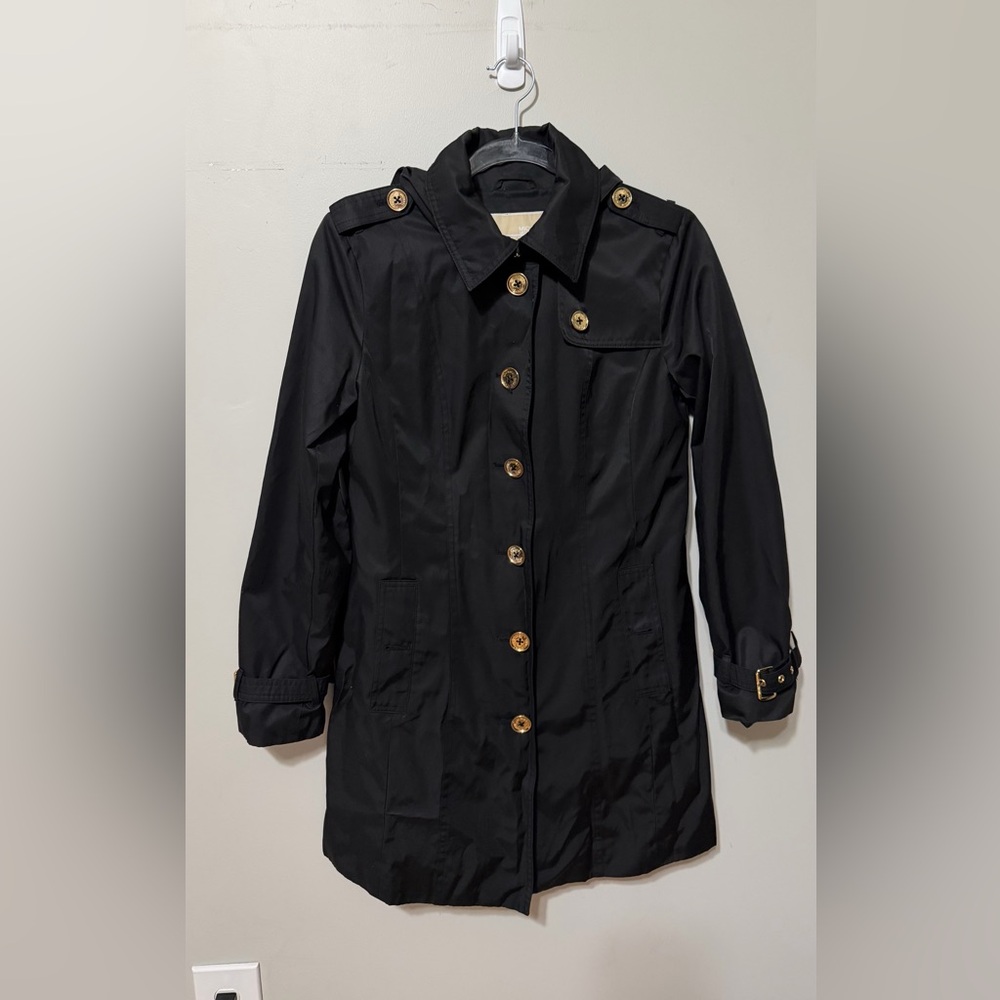 MICHAEL Michael Kors Black Trench Coat Size Small Gold Button Down Hooded - Picture 4 of 13